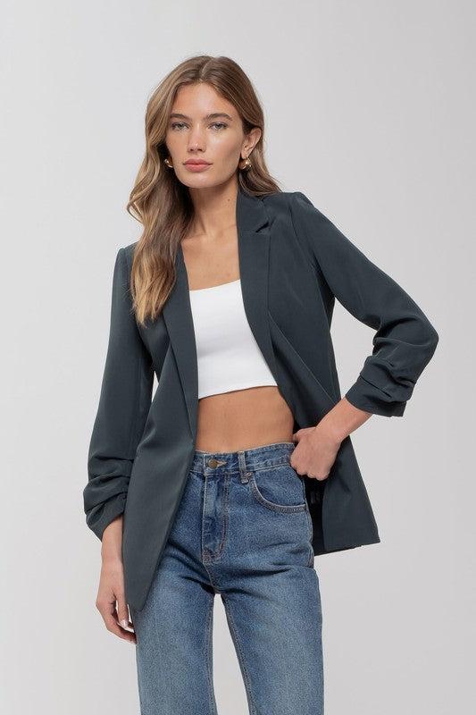 Black Ruched Sleeve Blazer