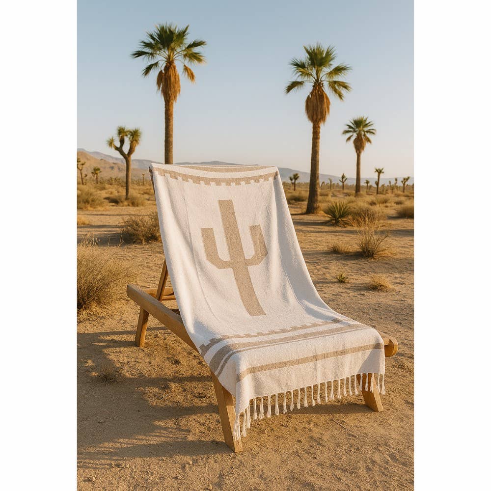 Southwest Mexican Blanket - Desert Cactus Blanket Tan White