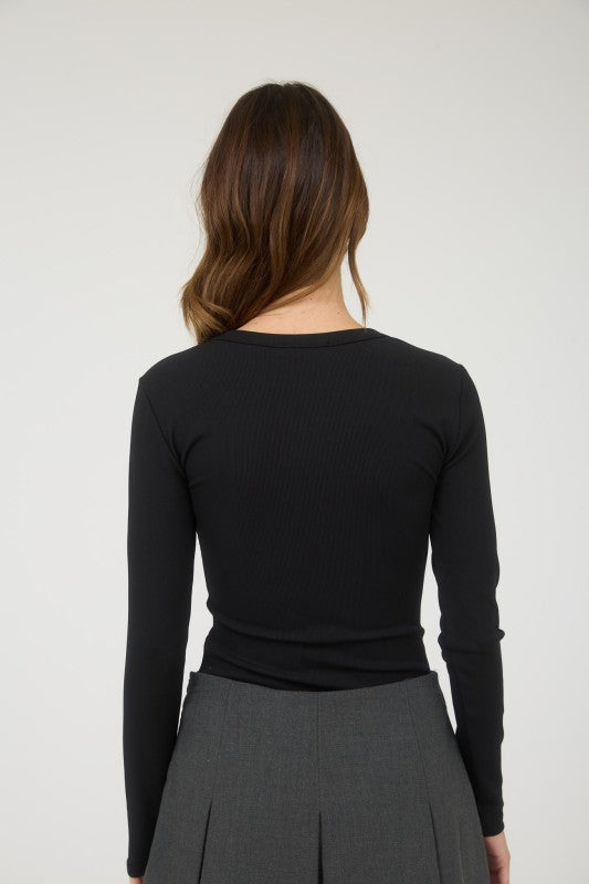 Ribbed Long Sleeve Henley Knit Top