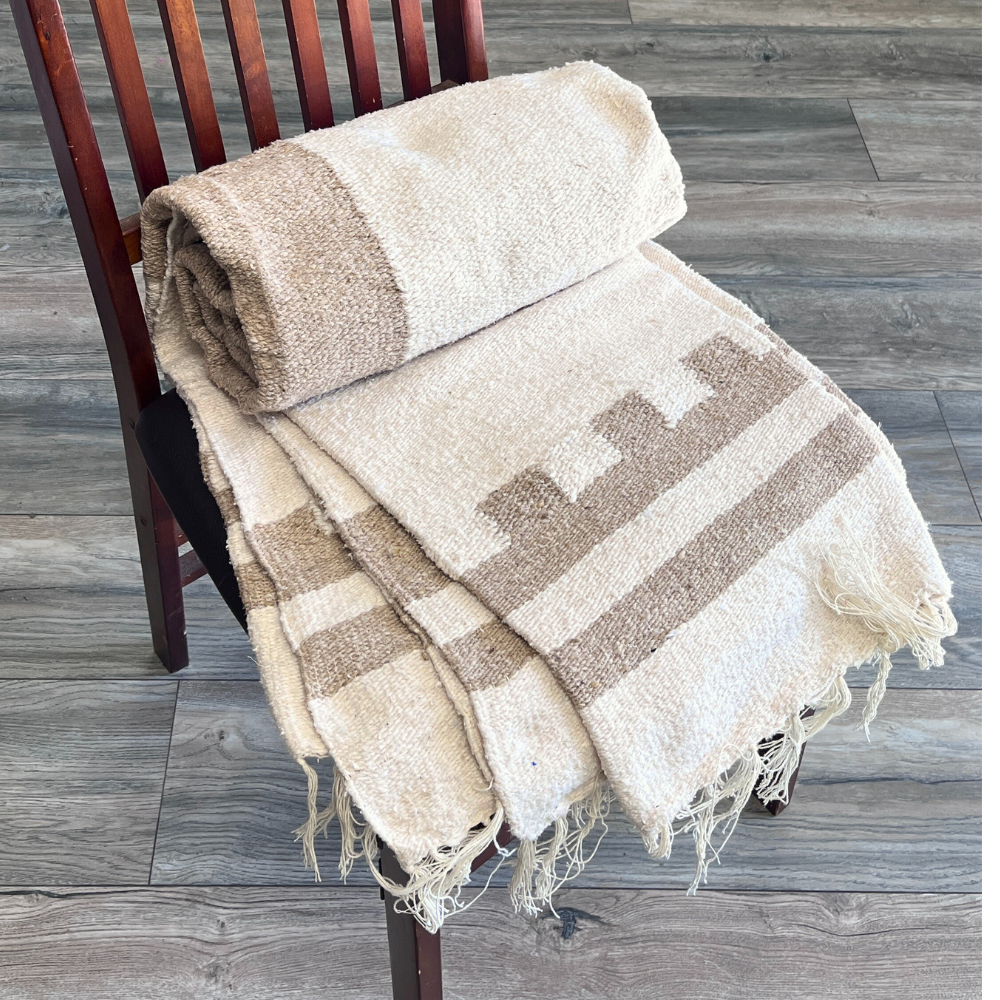 Southwest Mexican Blanket - Desert Cactus Blanket Tan White