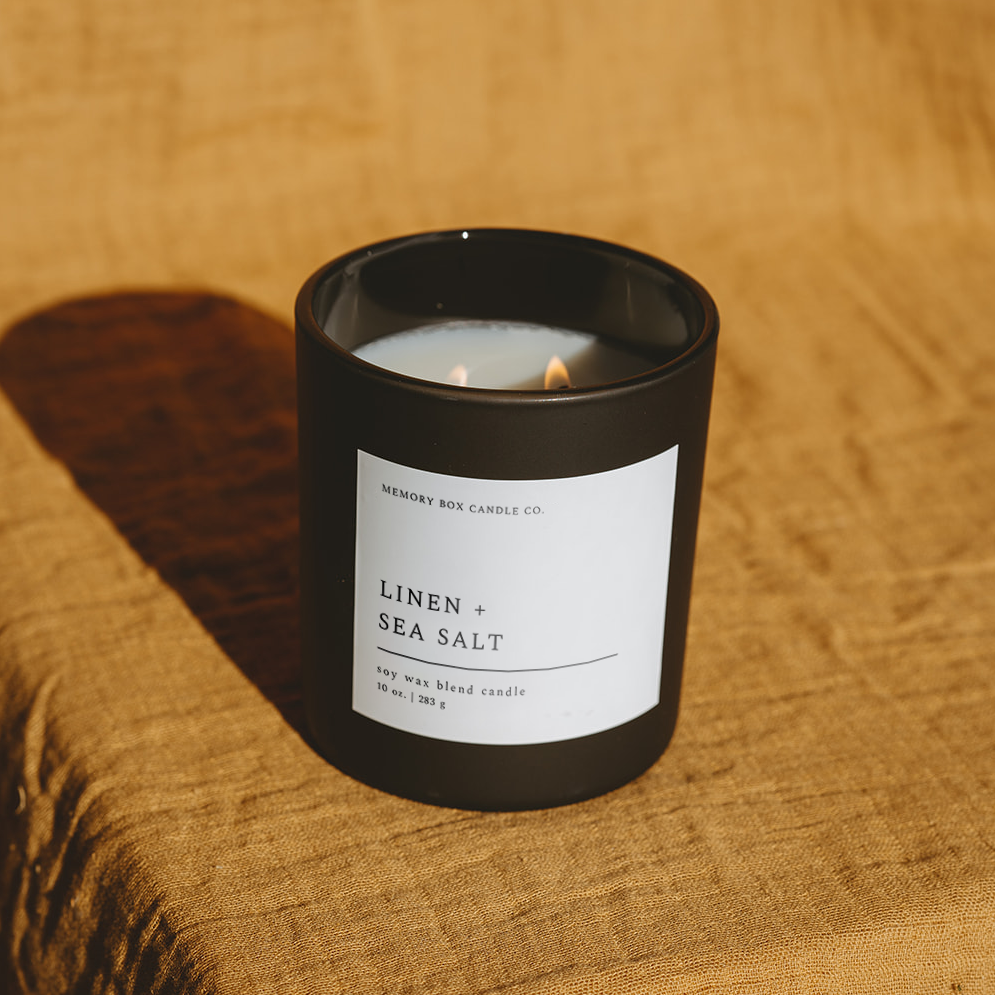 Soy Candle - Linen + Sea Salt - 10 oz. Matte Black Glass