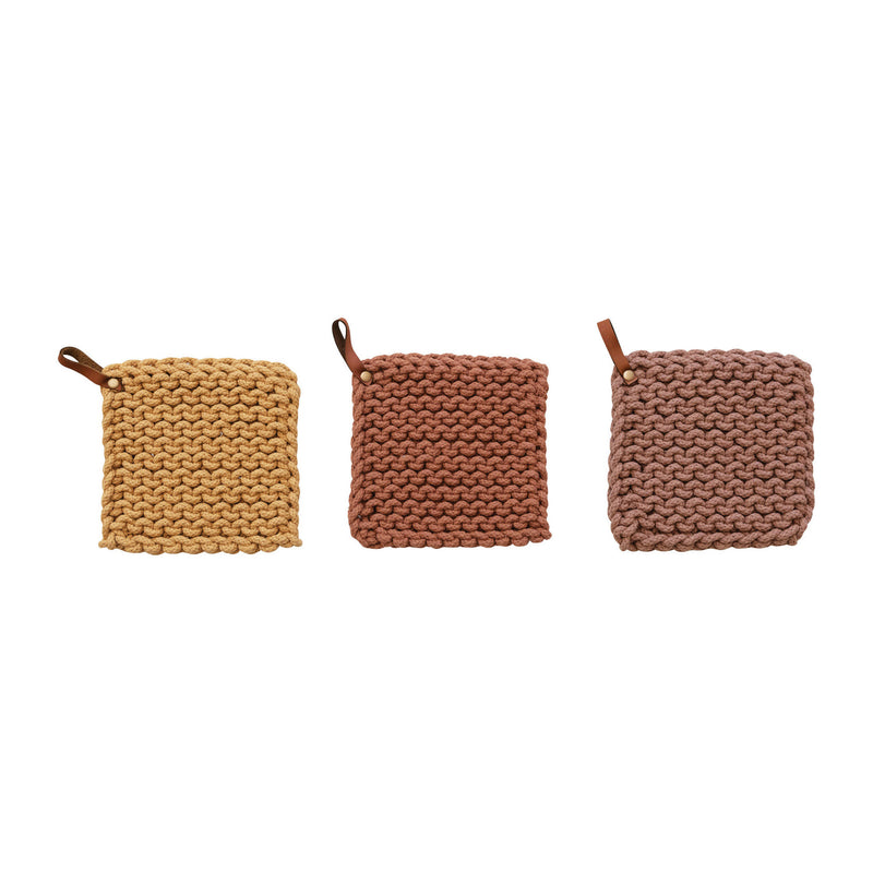 Cotton Crocheted Pot Holder with a leather Loop