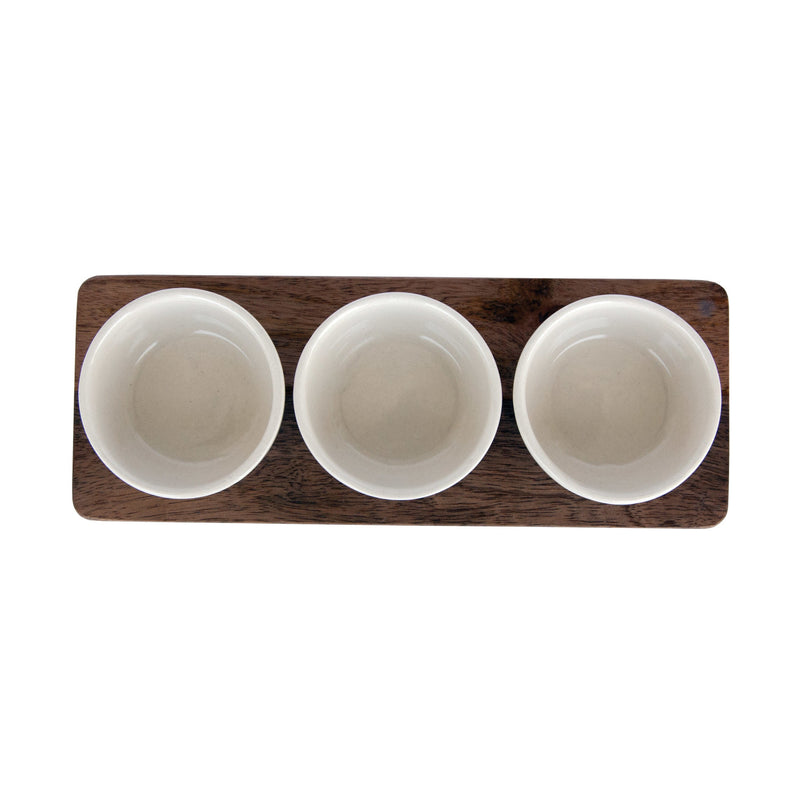 Mango Wood Tray with (3) Stoneware Bowls