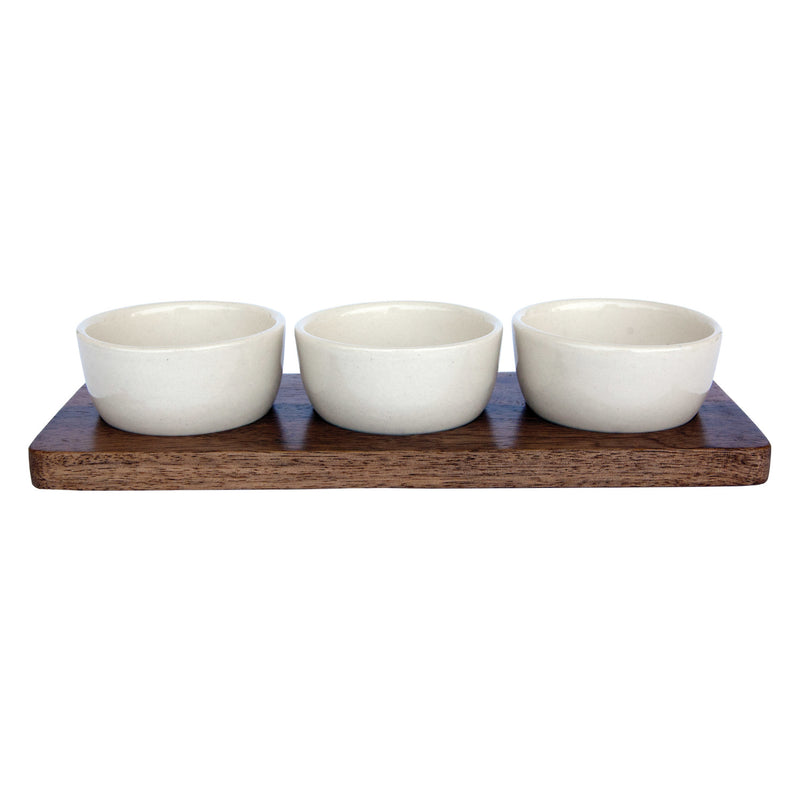 Mango Wood Tray with (3) Stoneware Bowls