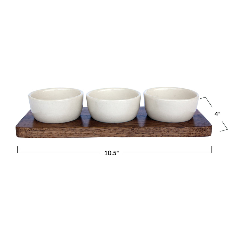 Mango Wood Tray with (3) Stoneware Bowls