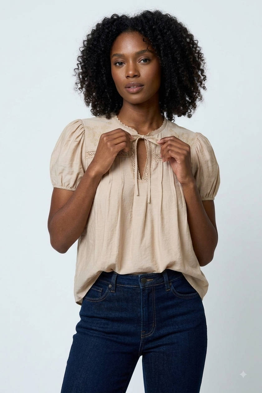 Embroidered Yoke Lace Trim Pintuck Top