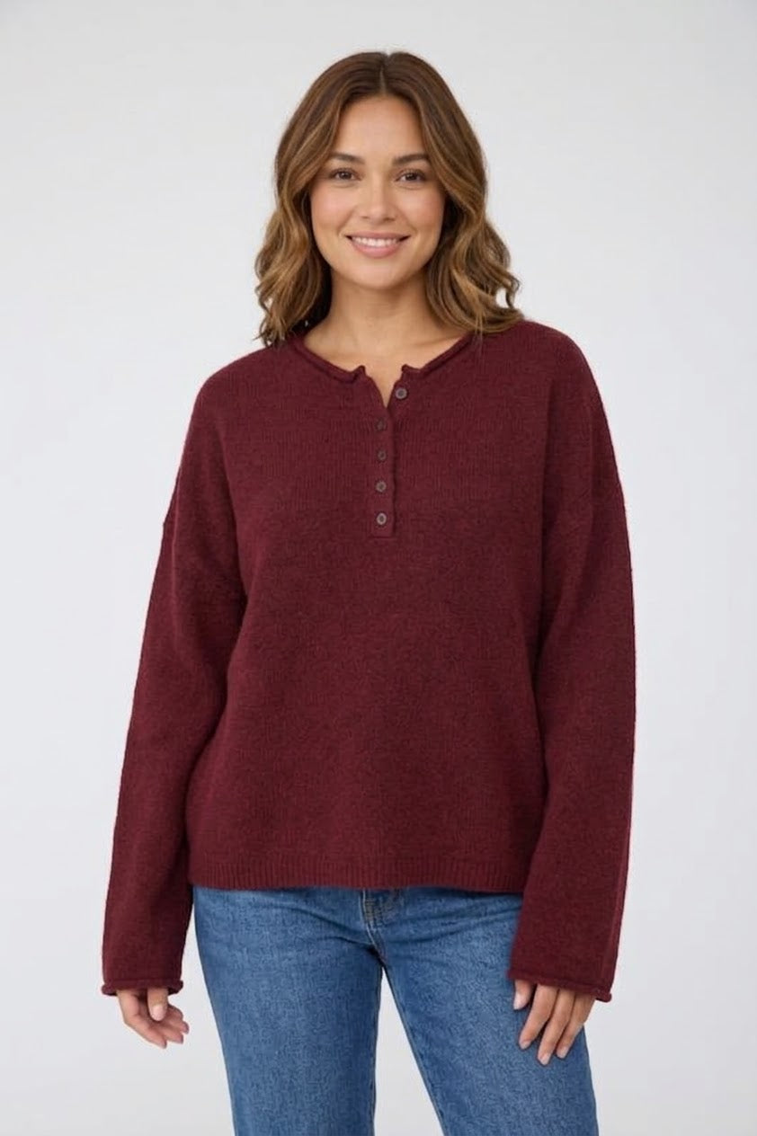 Raw Rolled Edge Henley Relaxed Pullover Sweater