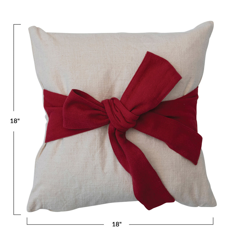 18" Square Hand-Woven Cotton Slub Pillow with a Christmas Bow