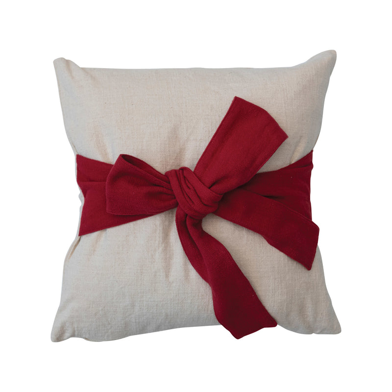 18" Square Hand-Woven Cotton Slub Pillow with a Christmas Bow