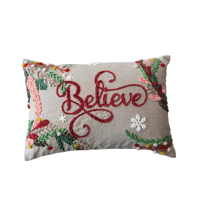 Believe Cotton Chambray Embroidered Lumbar Pillow