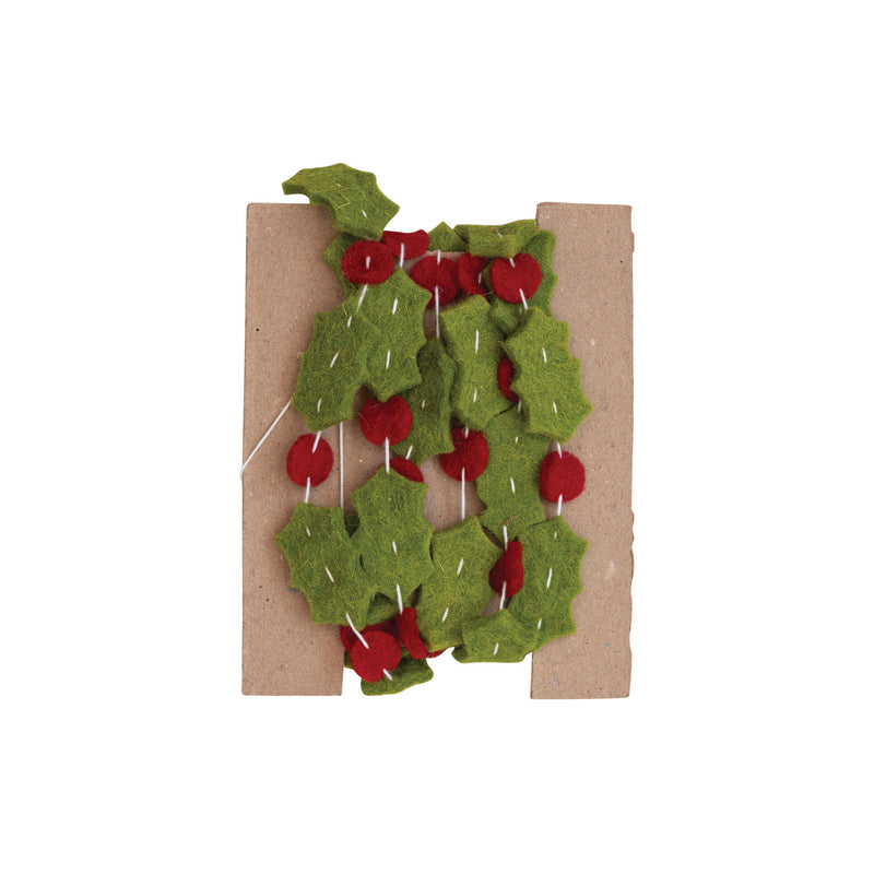 72" Wool Felt Holly Leaves & Berries Garland