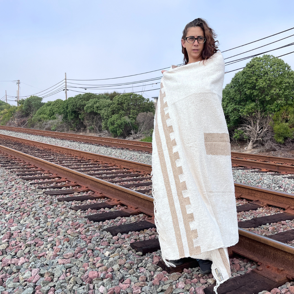 Southwest Mexican Blanket - Desert Cactus Blanket Tan White