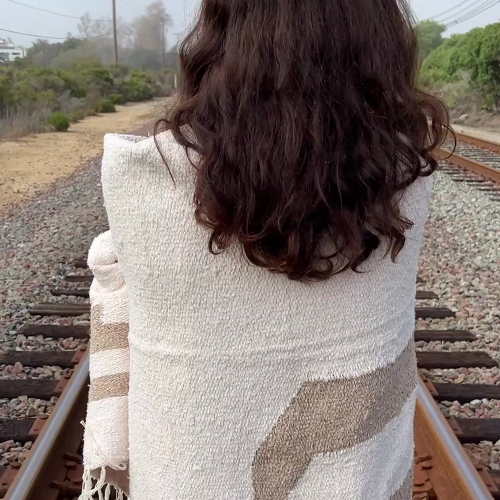 Southwest Mexican Blanket - Desert Cactus Blanket Tan White